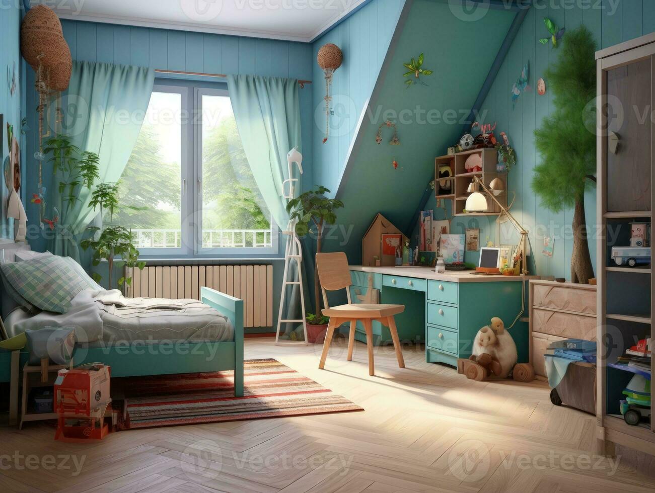 Cozy blue kid bedroom with toy and fun decoration. Generative AI photo