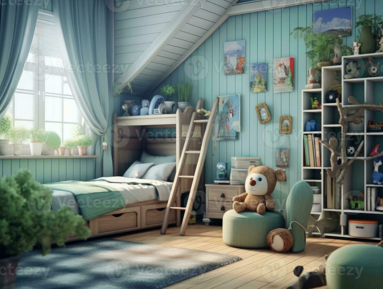 acogedor azul niño dormitorio con juguete y divertido decoración. generativo ai foto