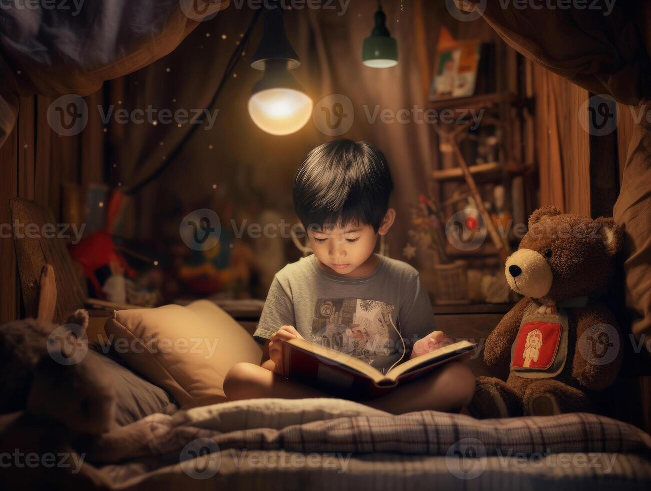 Cute Asian boy reading book before bed time in cozy bedroom. Generative AI photo