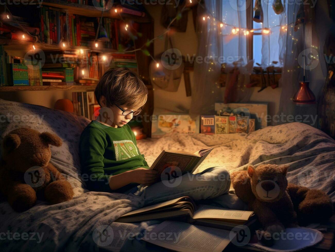 Cute boy reading book before bed time in cozy bedroom. Generative AI photo