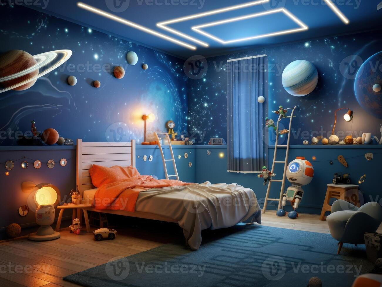 Modern boy bedroom with space theme decoration. Generative AI photo