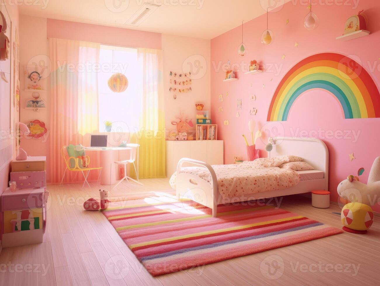 Modern pink colorful toddler bedroom with decoration. Generative AI photo