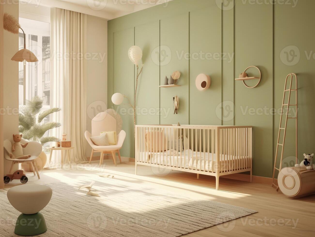 Cozy green toddler bedroom with crib bed and decoration. Generative AI photo