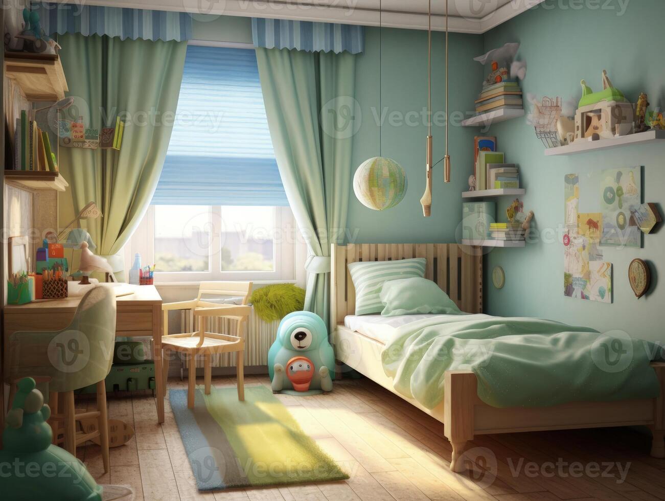 acogedor azul niño dormitorio con juguete y divertido decoración. generativo ai foto