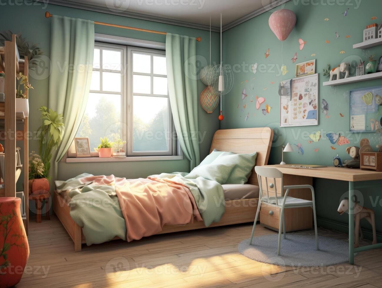 acogedor azul niño dormitorio con juguete y divertido decoración. generativo ai foto