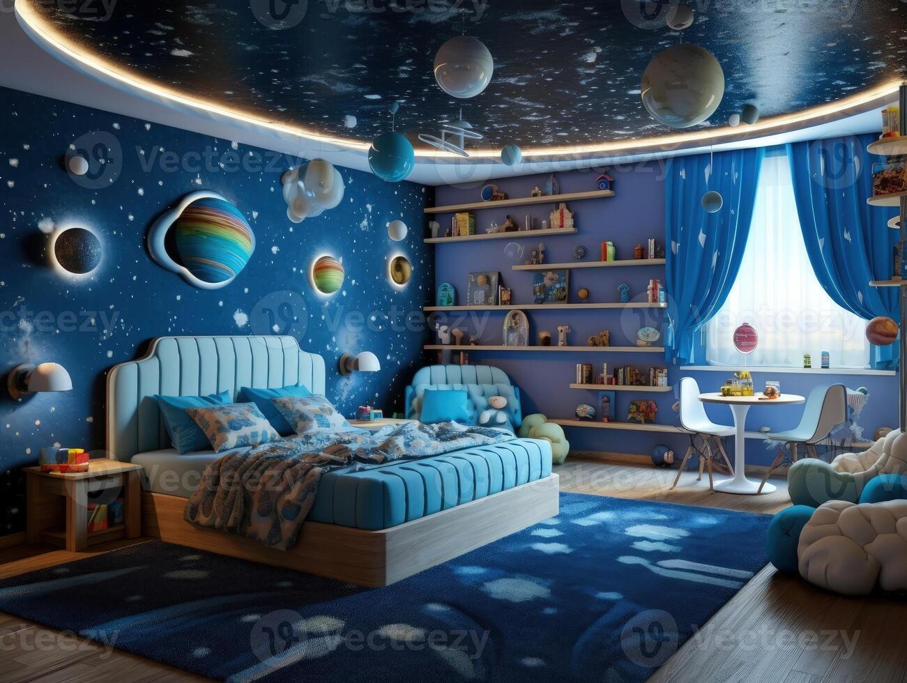 Modern boy bedroom with space theme decoration. Generative AI photo