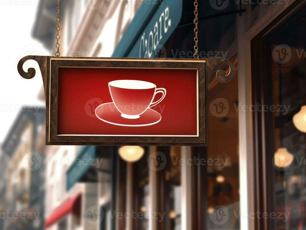 Blank mock up sign at coffee shop cafe, advertising board. Generative AI photo
