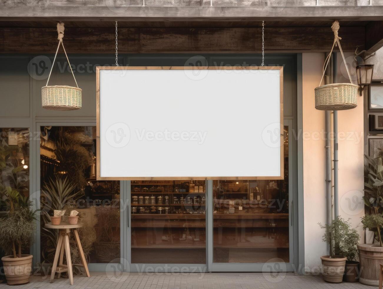 Blank mock up sign at coffee shop cafe, advertising board. Generative AI photo