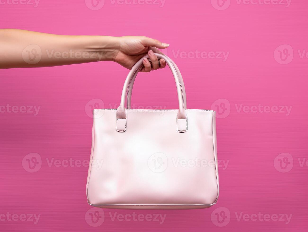 Empty mock up cloth bag, hand holding cloth bag, pink background. Generative AI photo