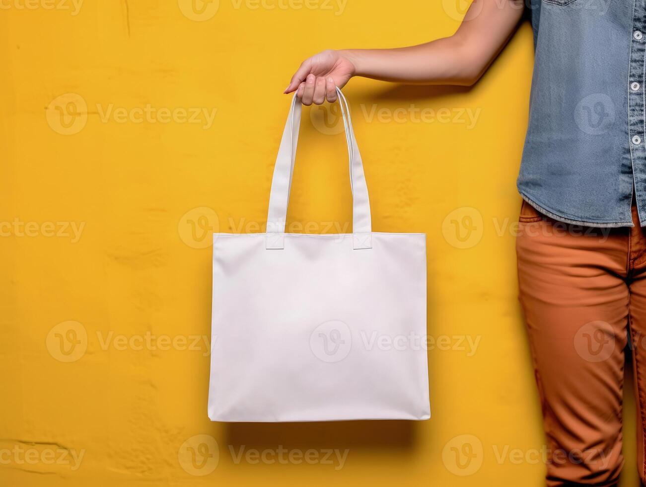Empty mock up cloth bag, hand holding cloth bag, yellow background. photo