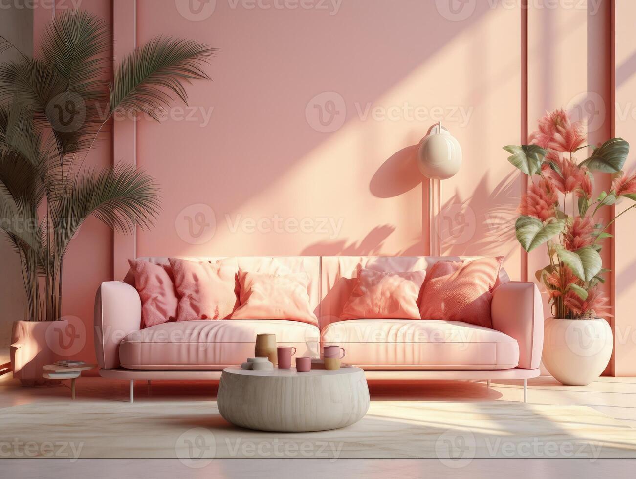 Cozy modern living room with pink stylish furniture and decoration. Generative AI photo