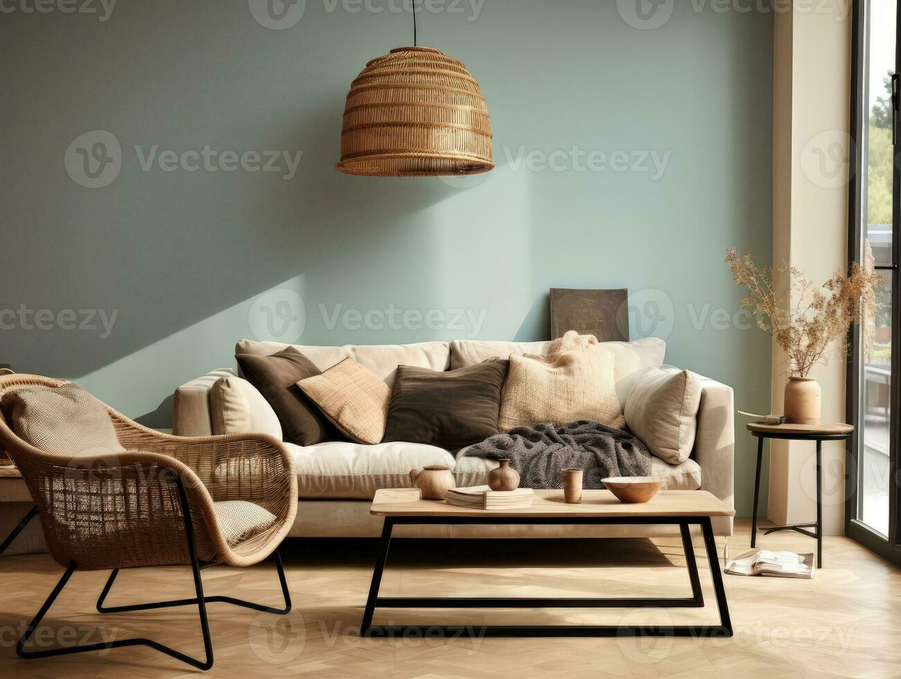 Cozy light blue living room with large windows. Generative AI photo