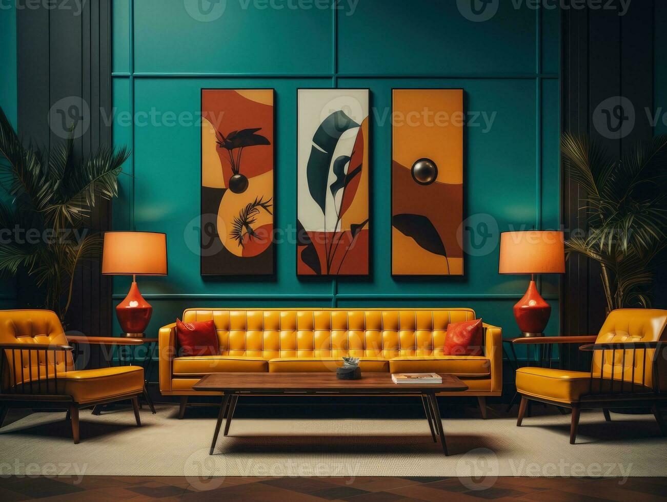 Mid-century colorful living room interior style with stylish furniture. Generative AI photo