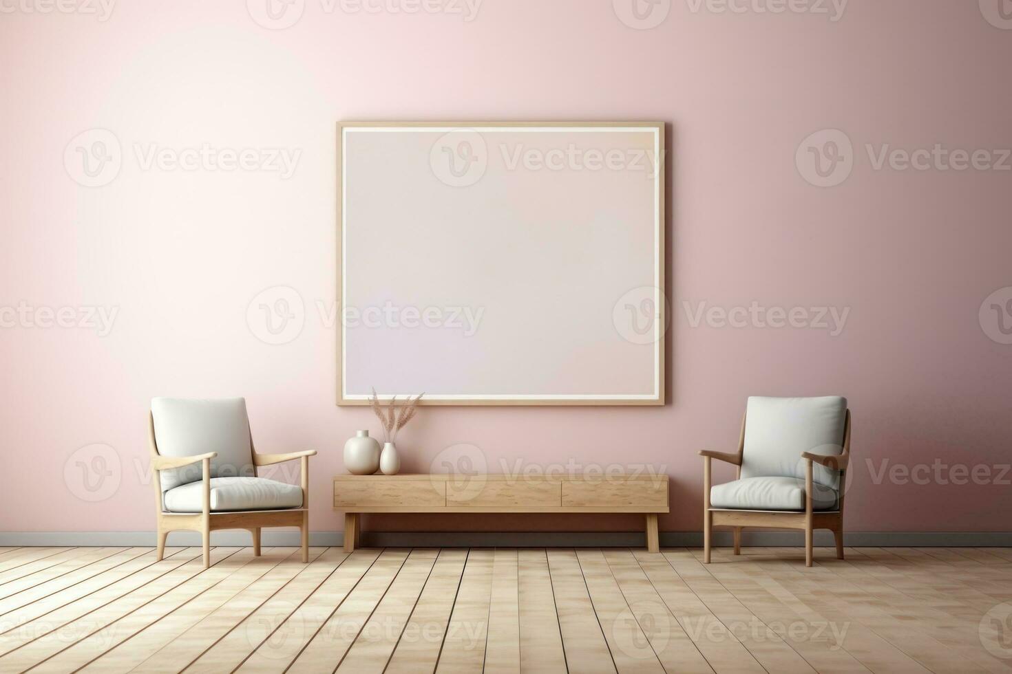 Blank wooden picture frame mockup on wall in modern interior. Generative ai photo
