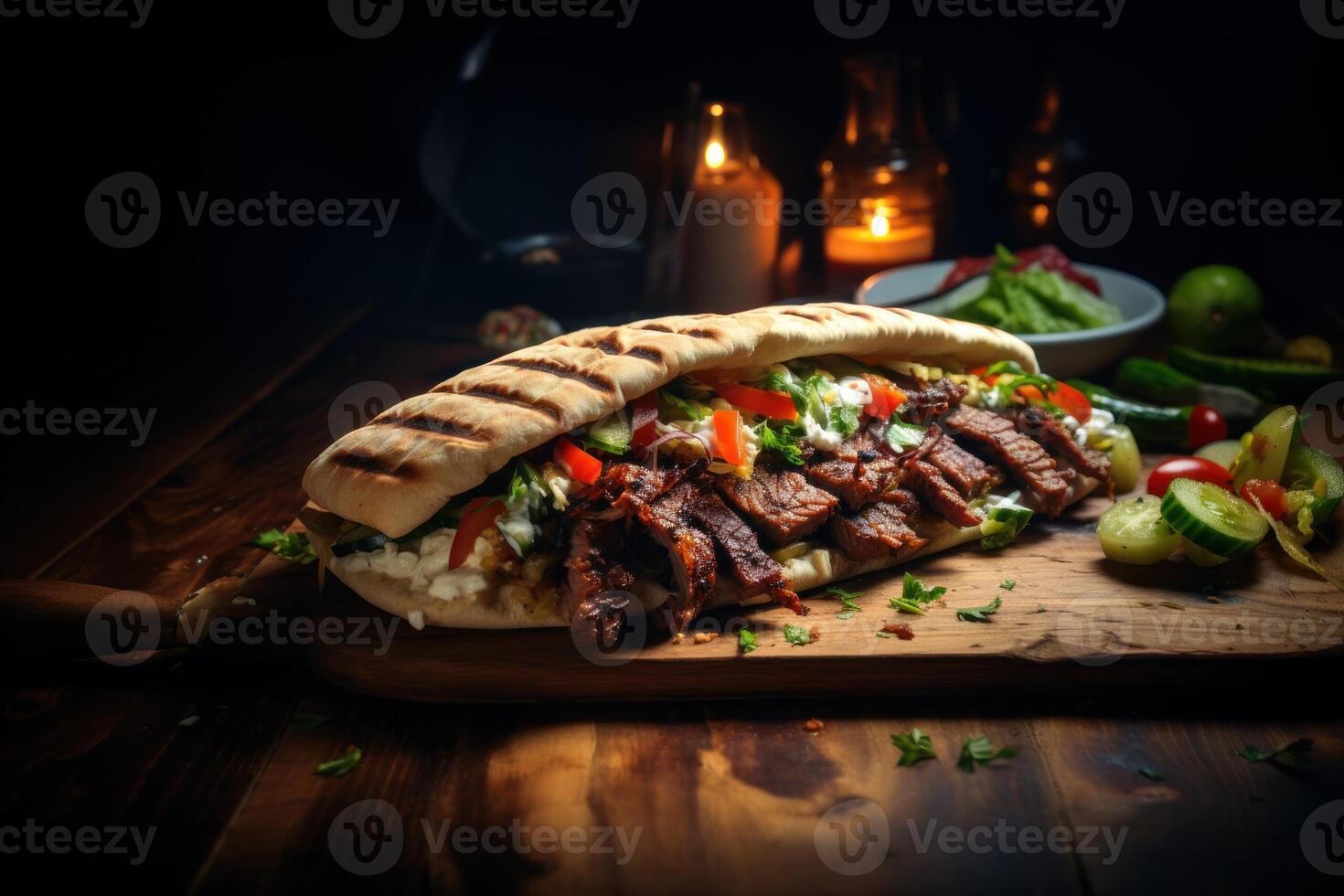 A picture of a doner kebab sandwich with lettuce, tomatoes and onions inside a pita bread. Generative AI photo