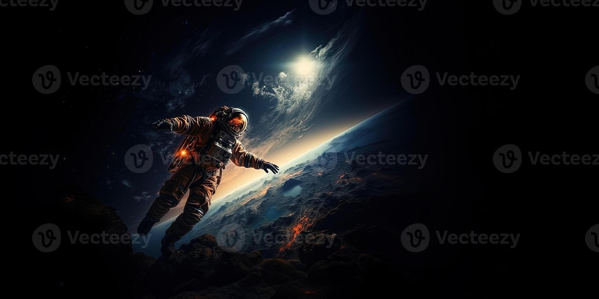 Astronaut lost in space. Lonely spaceman in open space. Concept about interstellar missions on the moon. photo