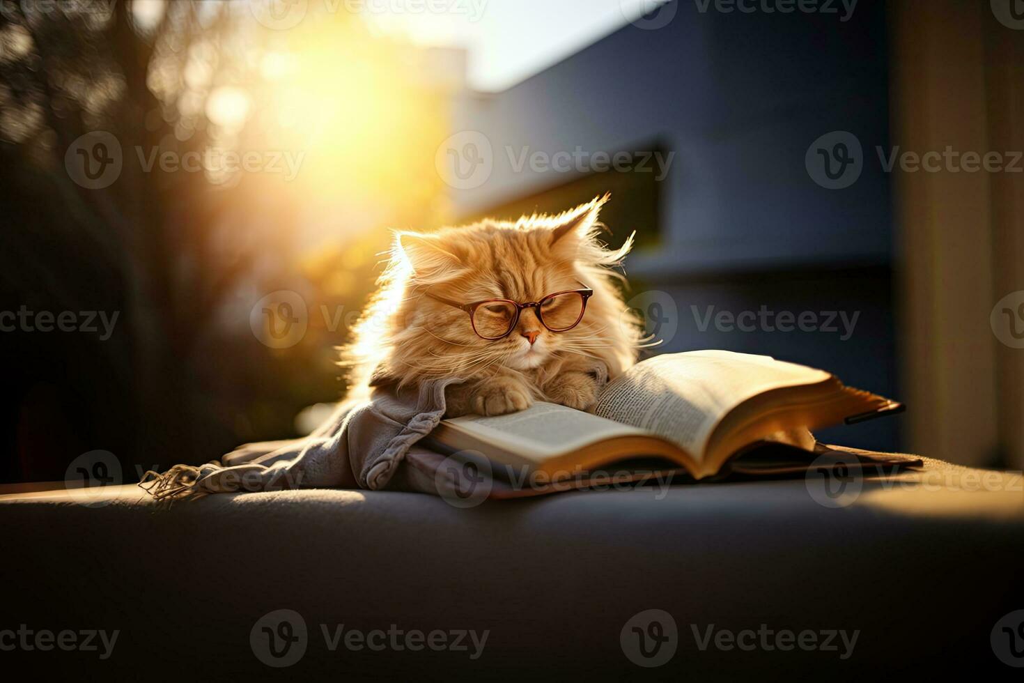 Intelligent cute cat in glasses reading a book, generative ai illustration photo