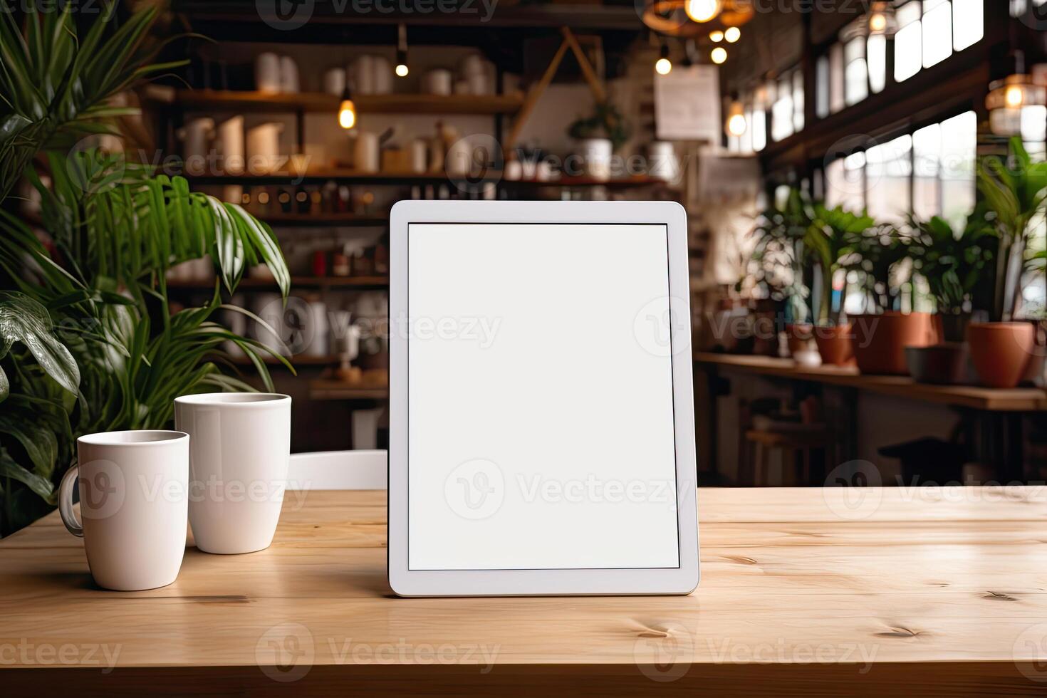 Digital tablet with blank white screen on table. photo