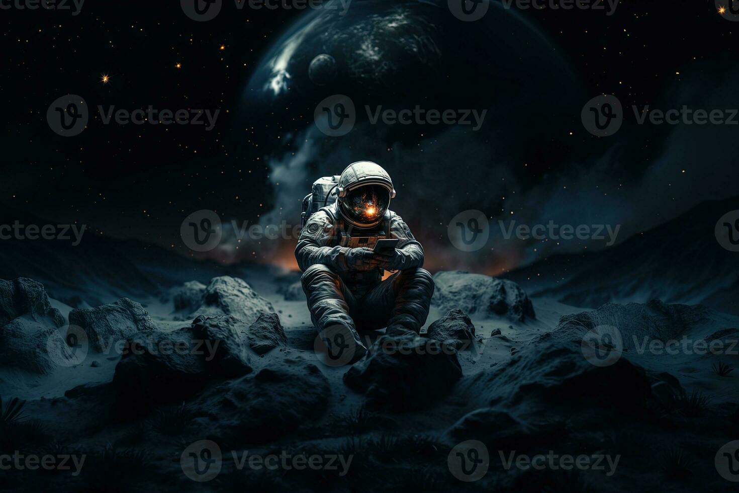 Lonely Astronaut using mobile phone in space, Generative ai Illustration photo