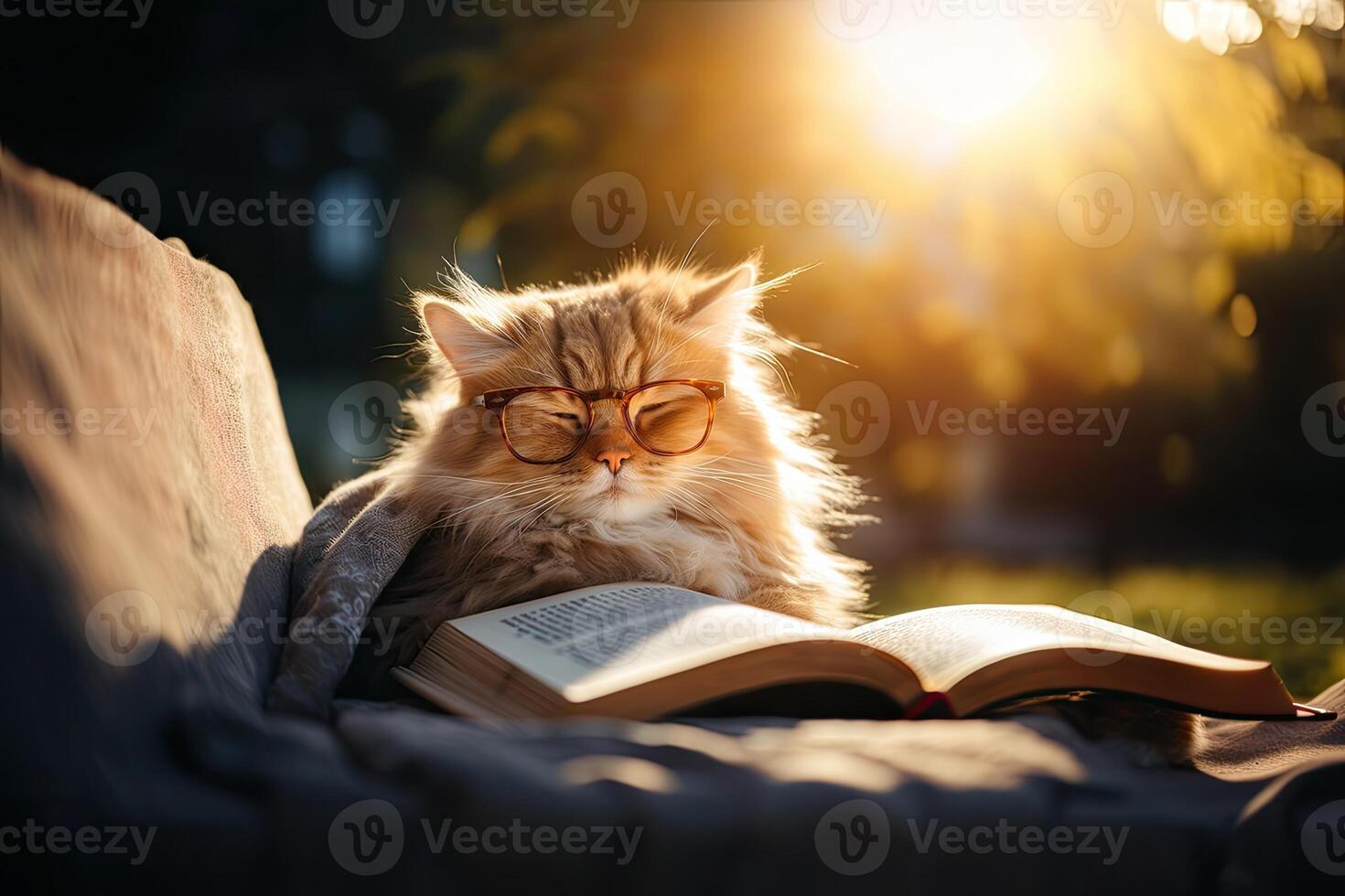 Intelligent cute cat in glasses reading a book, generative ai illustration photo