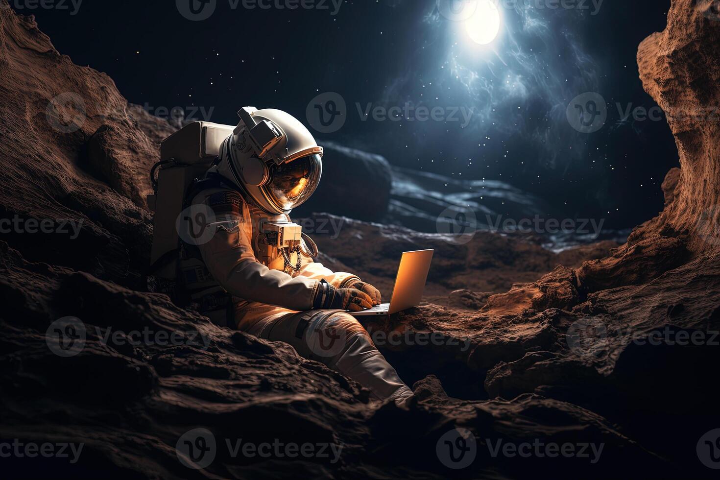 Lonely astronaut using laptop sitting on mars. photo