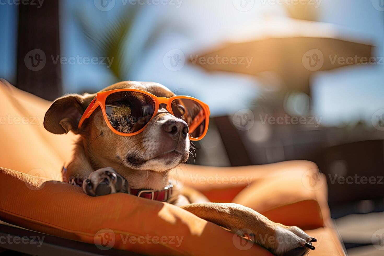 Dog with sunglasses sunbathing on sun lounger. summer and vacation concepts. photo