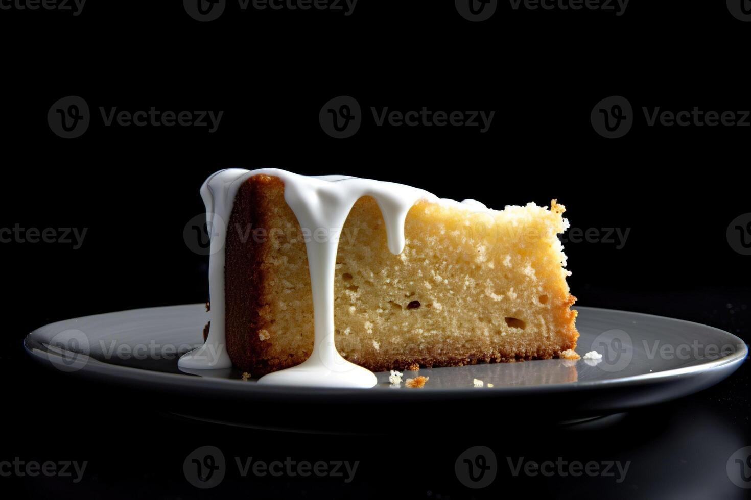 marvelous yogurt cake on a plate with frosting, black background, illustration, photo