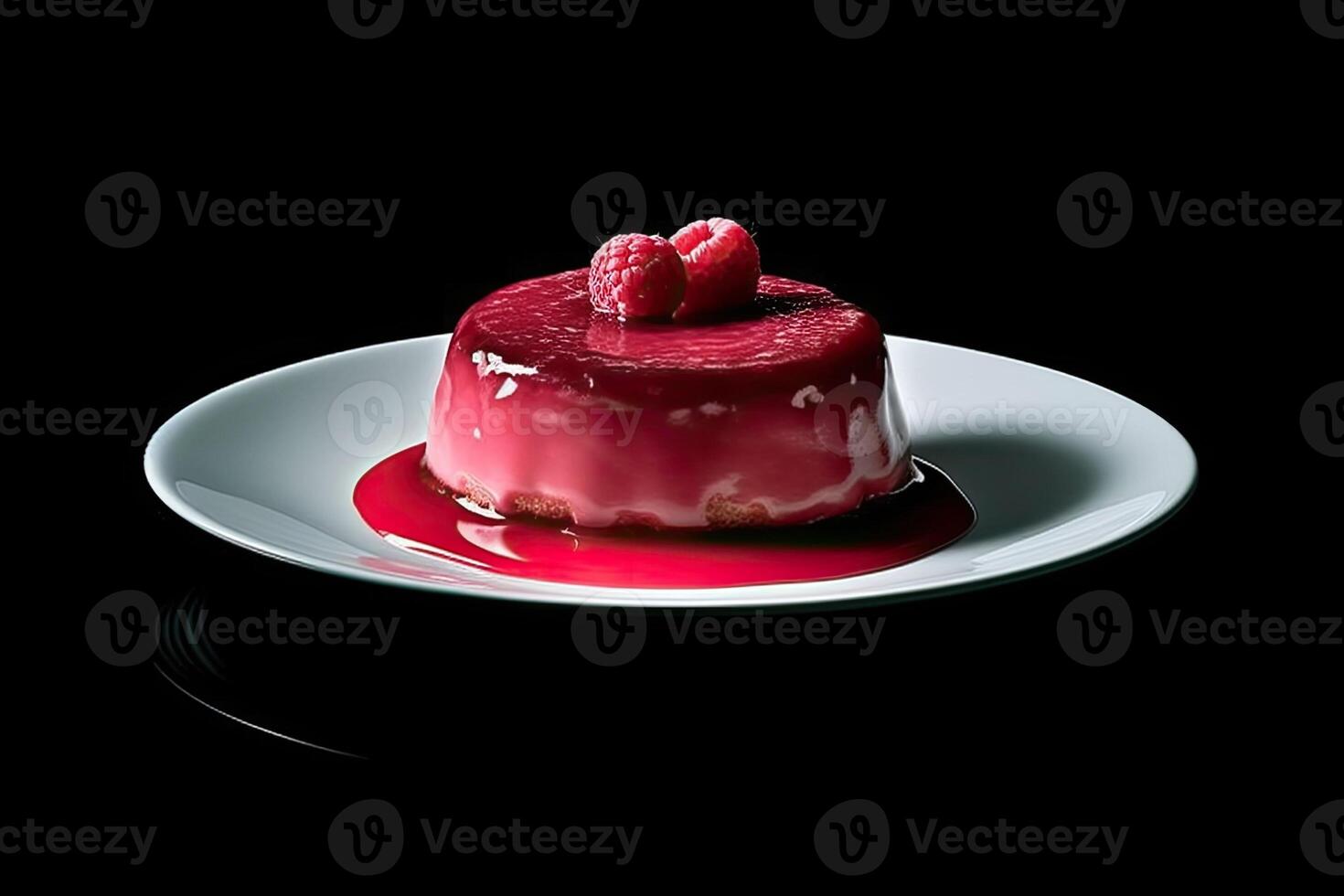 raspberry pudding on a plate, black background, illustration, photo
