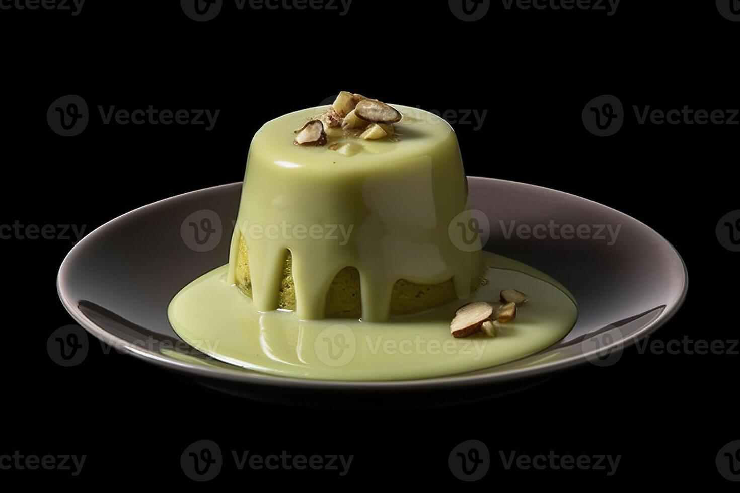 delicious pistachio pudding on a plate, black background, illustration, photo