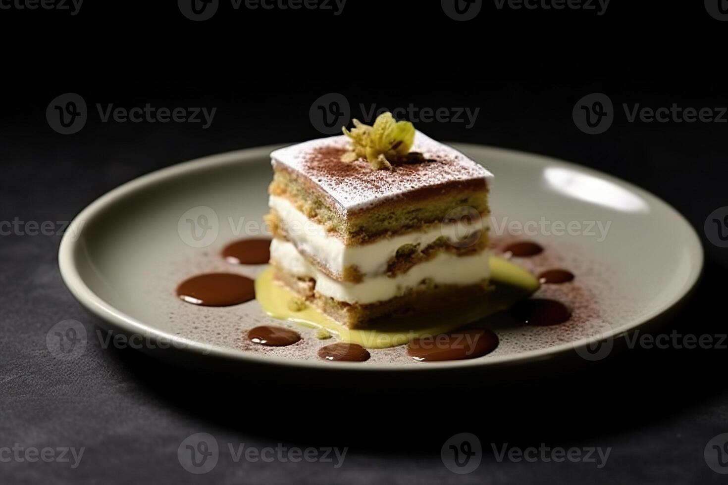 tasty pistachio tiramisu on a plate, black background, illustration, photo