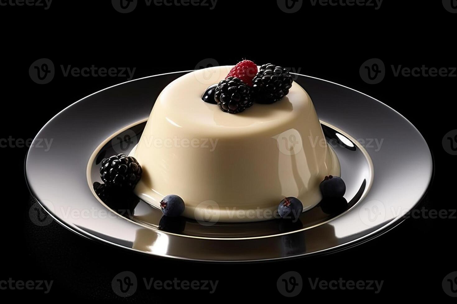 marvelous vanilla pudding on a plate, black background, illustration, photo