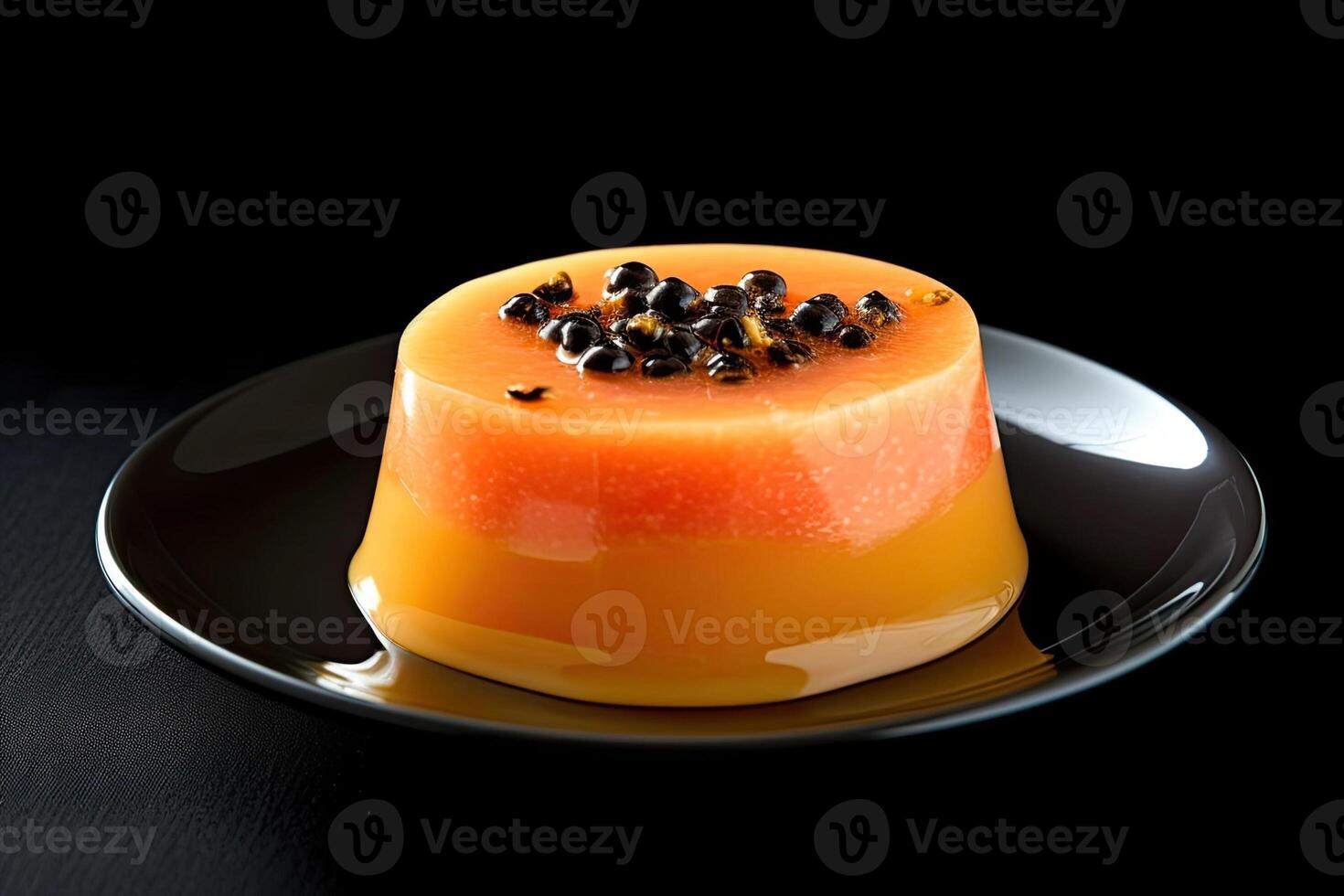 papaya pudding on a plate, black background, illustration, photo