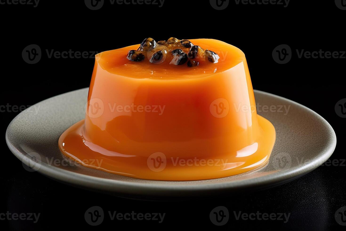 marvelous papaya pudding on a plate, black background, illustration, photo