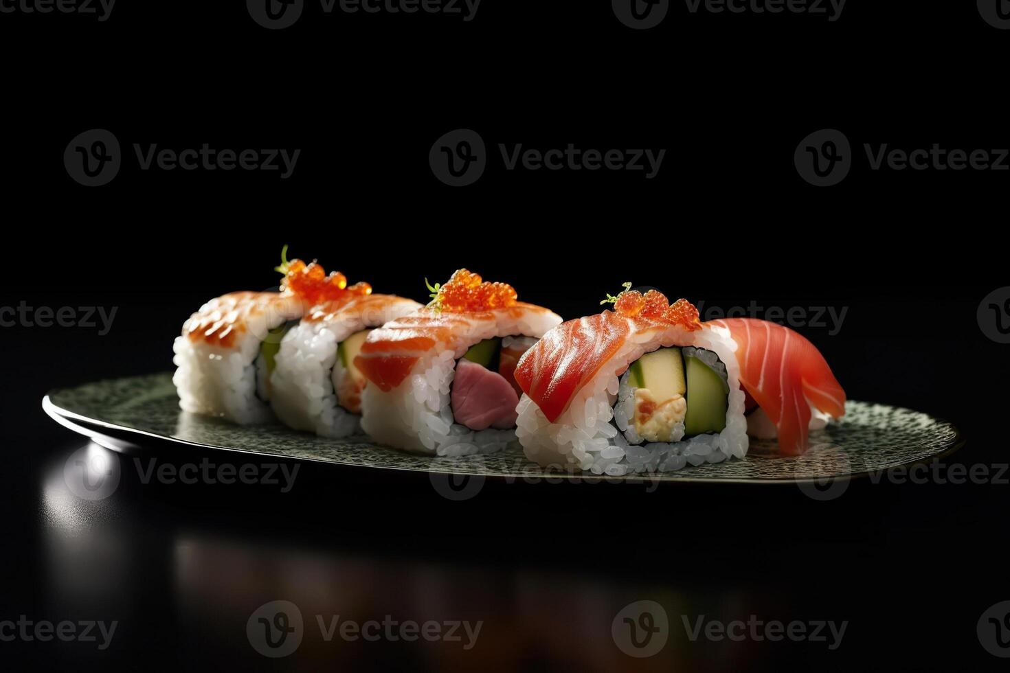 tasty sushi on a plate, black background, illustration, photo