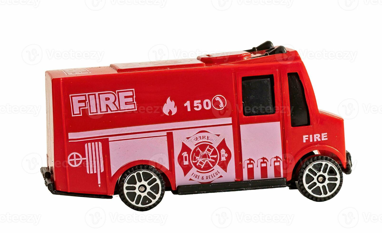 Toy fire truck, isolated on blank background. photo