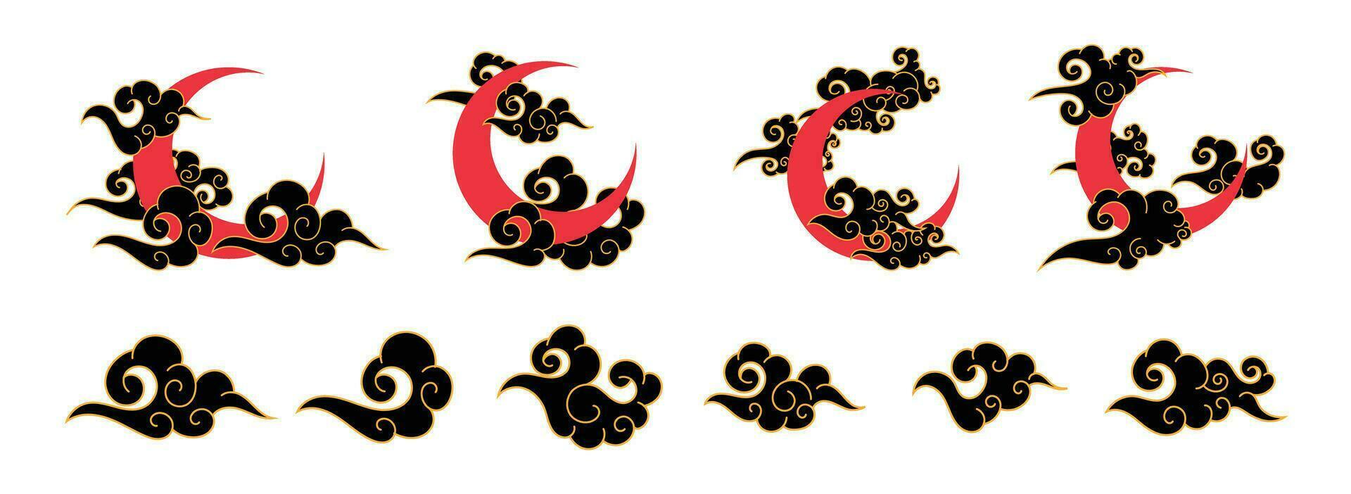 asiático ornamental tradicional nube con rojo creciente Luna vector