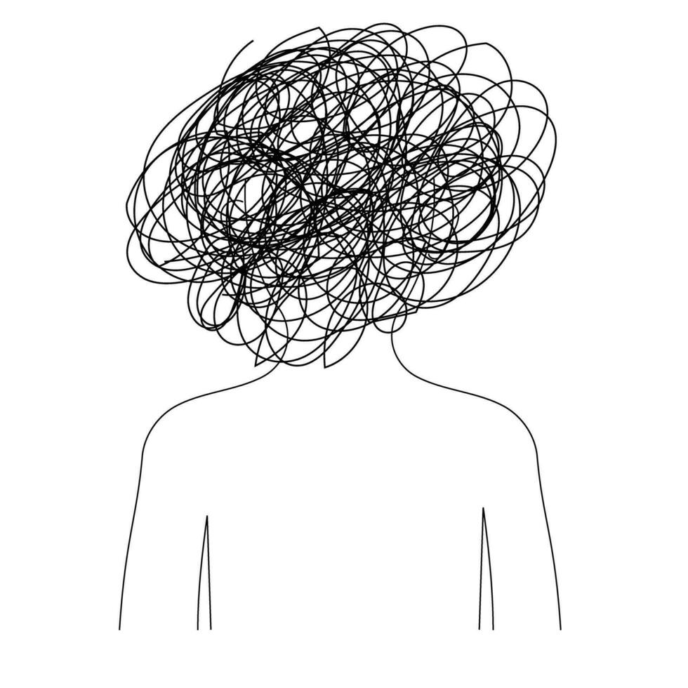 depressed man or woman illustration with tangled line art in the head vector