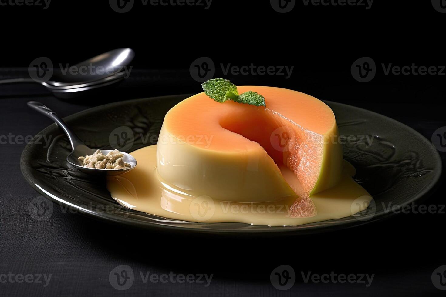 marvelous galia melon pudding on a plate, black background, illustration, photo