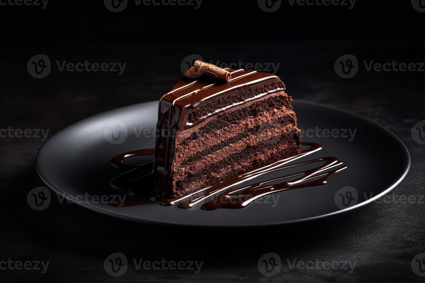 tasty dark chocolate cake on a plate, black background, illustration, photo