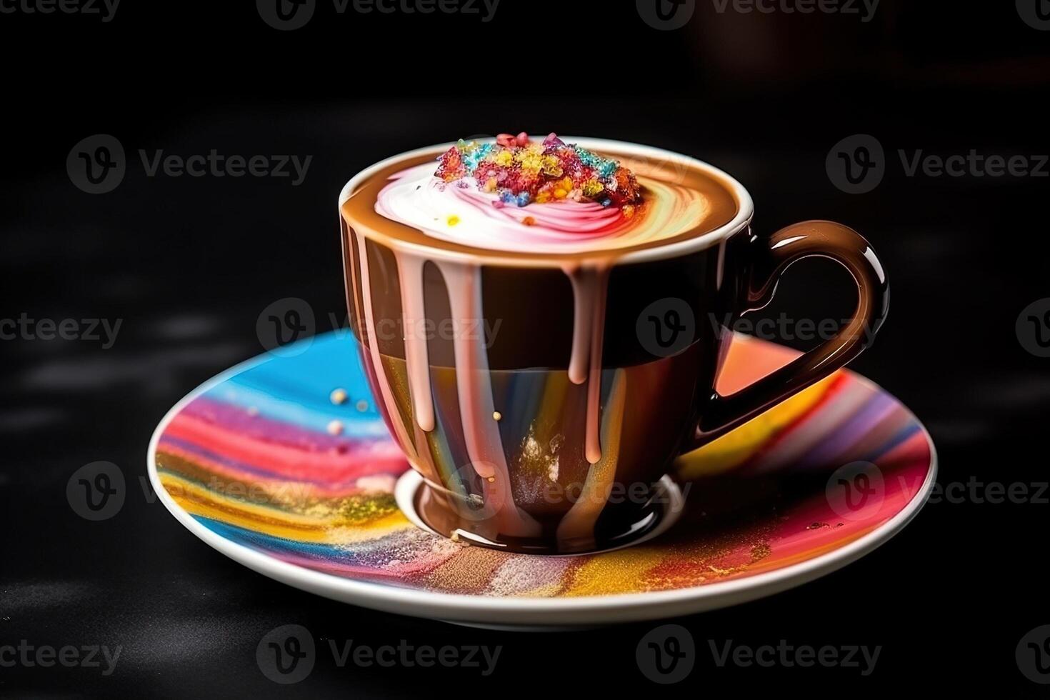 marvelous colorful hot chocolate, black background, illustration, photo
