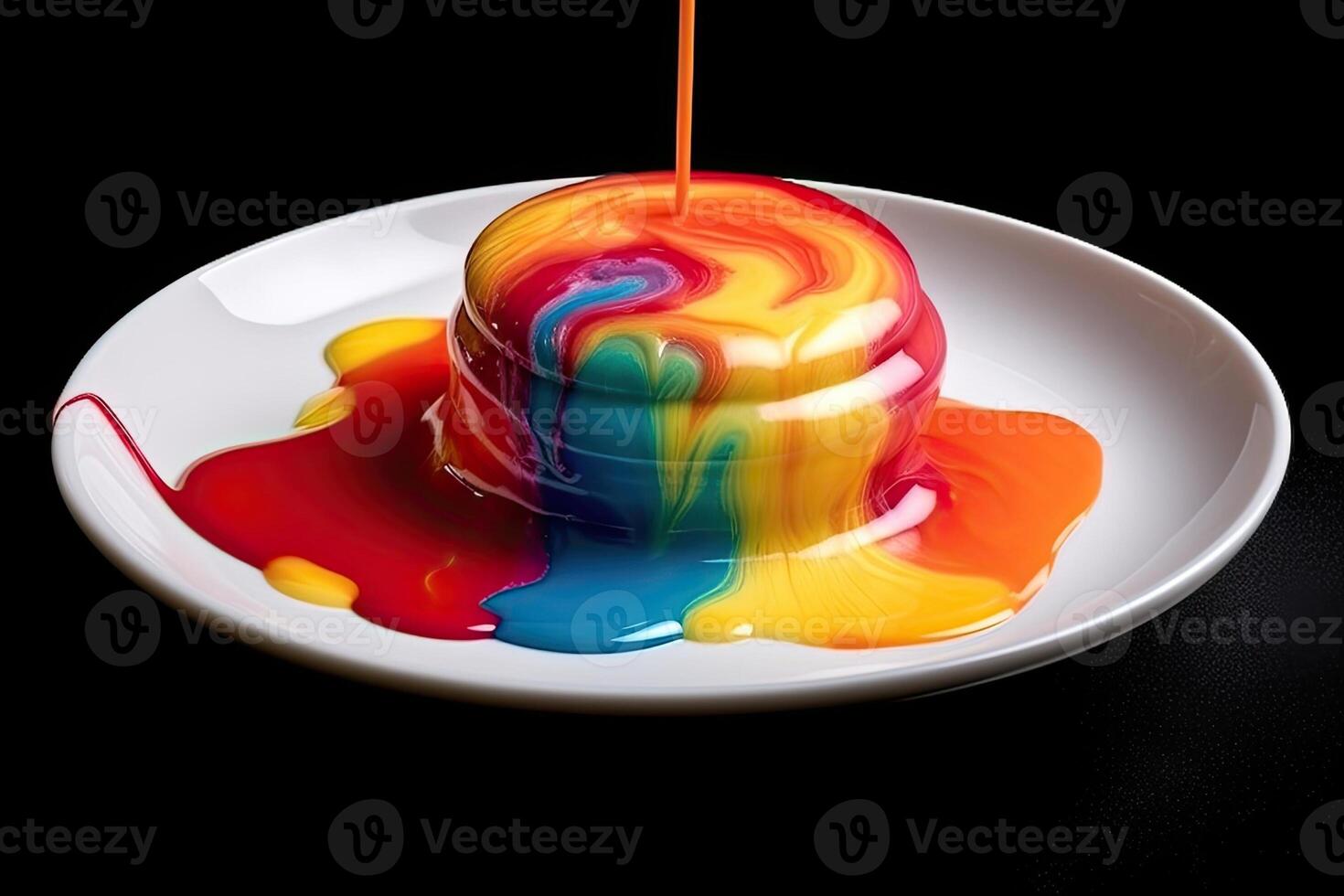delicious rainbow pudding on a plate, black background, illustration, photo