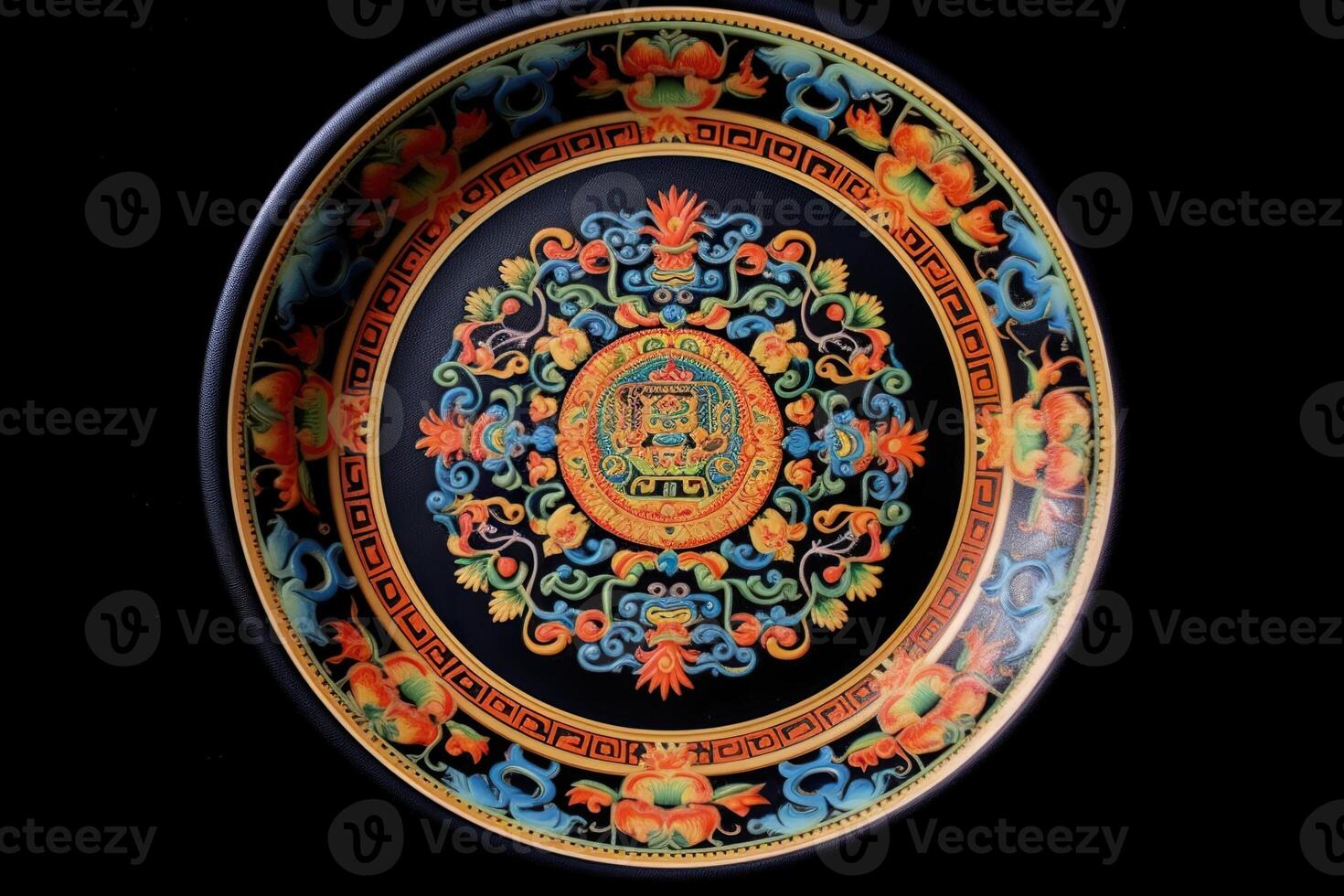 marvelous colorful buddhist style plate, black background, illustration, photo