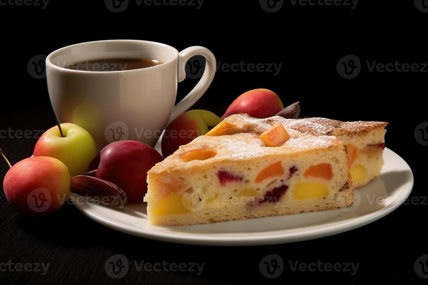 marvelous cake and cappuccino coffee pudding on a plate, black background, illustration, photo