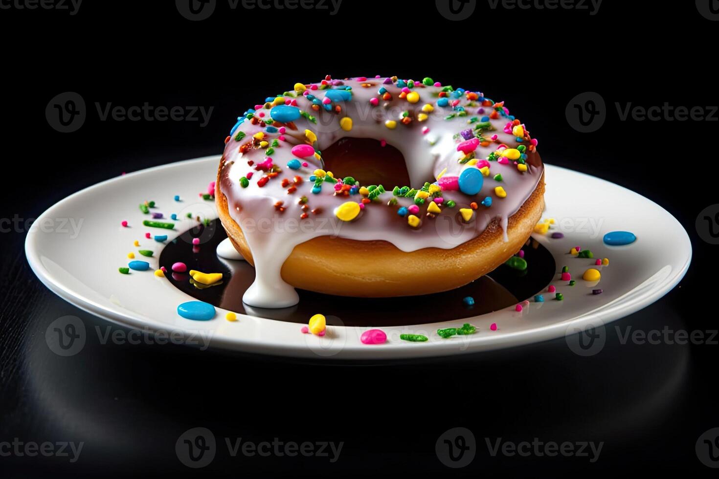 delicious colorful donut on a plate, black background, illustration, photo
