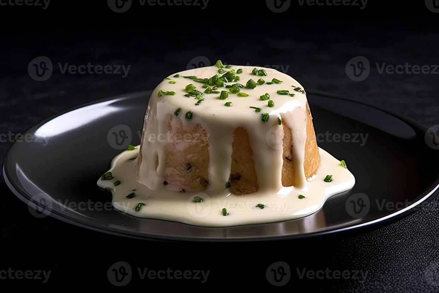 fish pudding on a plate, black background, illustration, photo