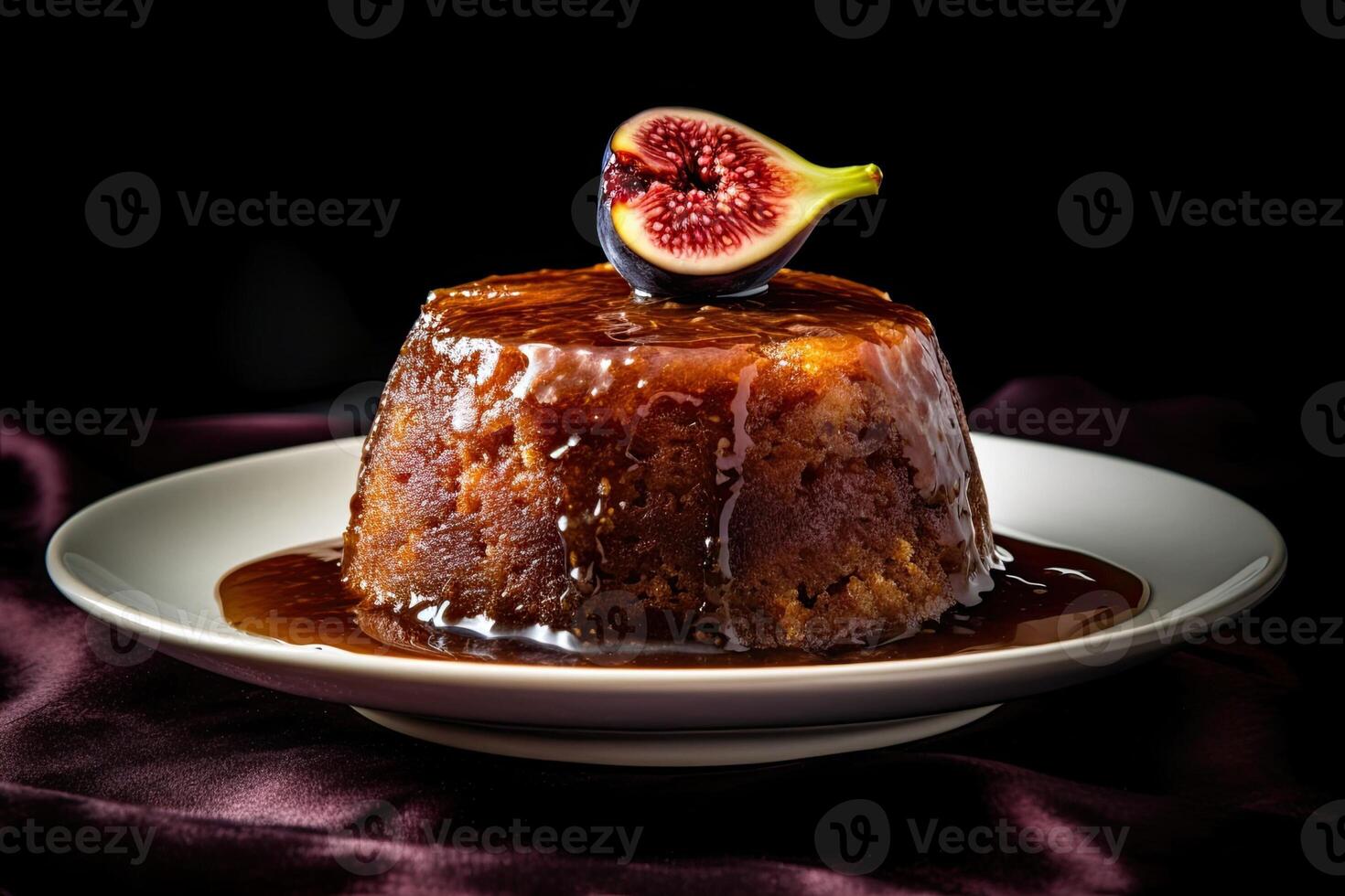 fig pudding on a plate, black background, illustration, photo