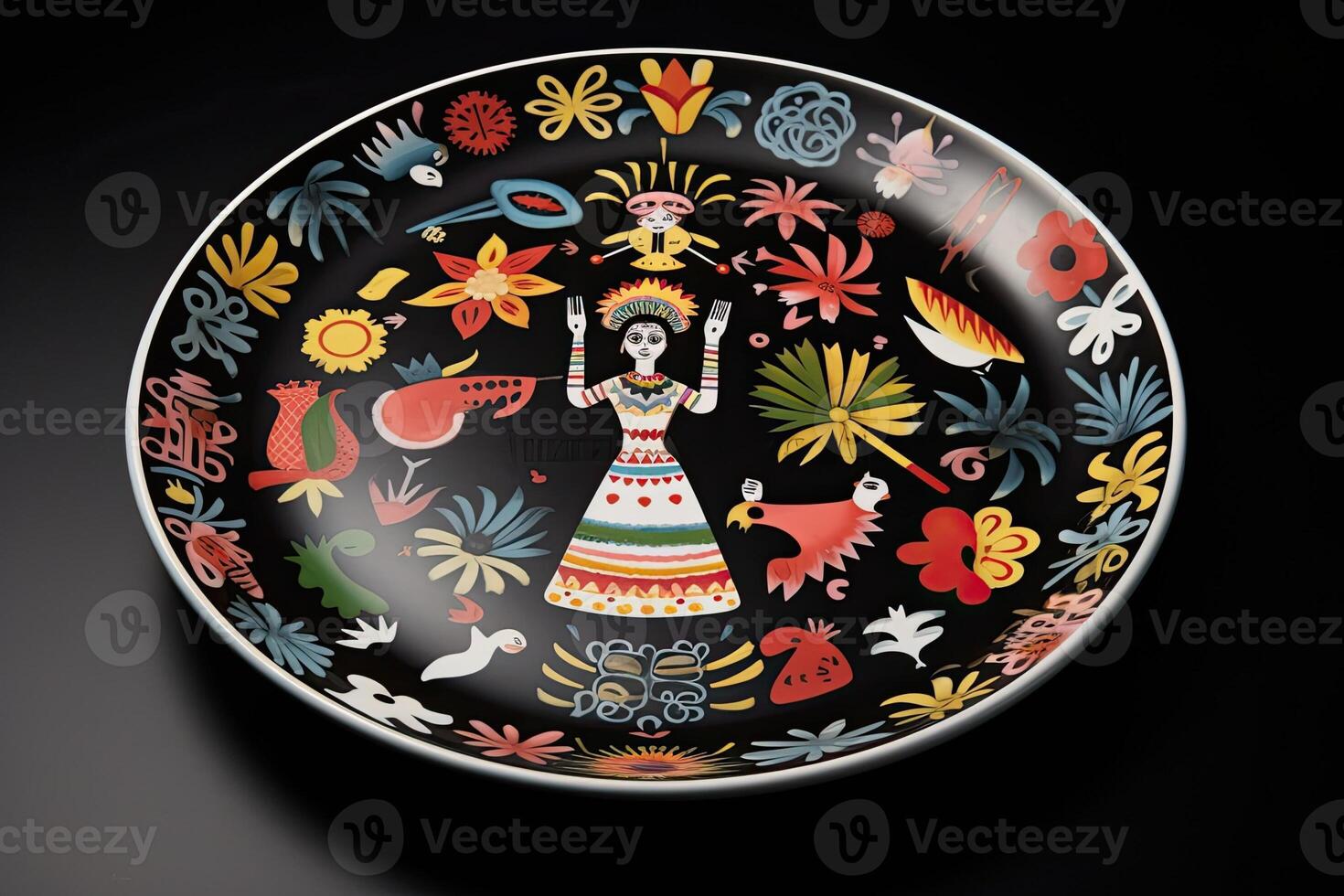 marvelous realistic mexican colorful plate, black background, illustration, photo