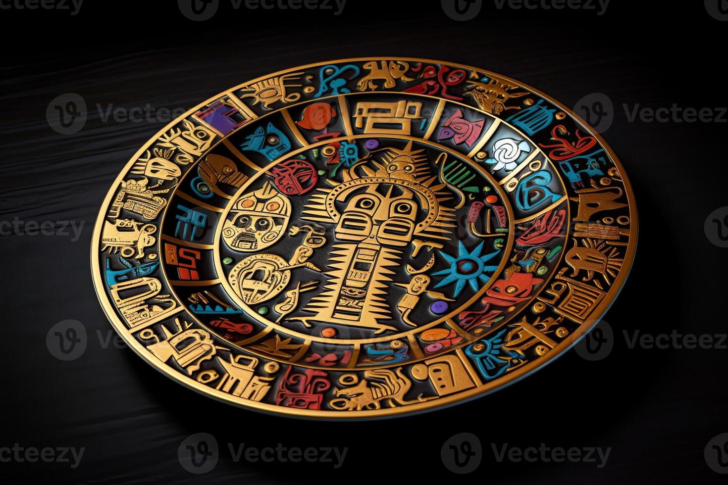 marvelous colorful montezuma style plate, black background, illustration, photo