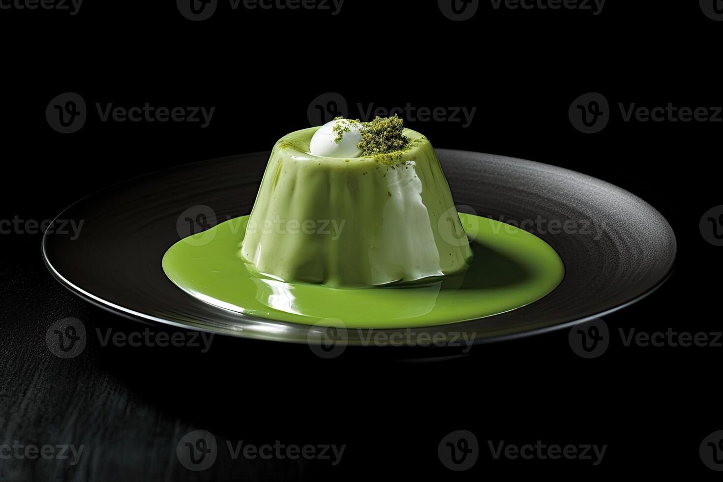 green pudding on a plate, black background, illustration, photo