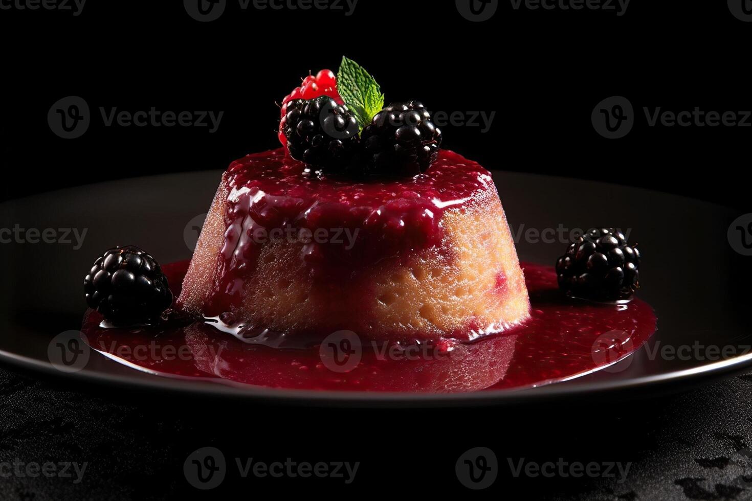 currant pudding on a plate, black background, illustration, photo
